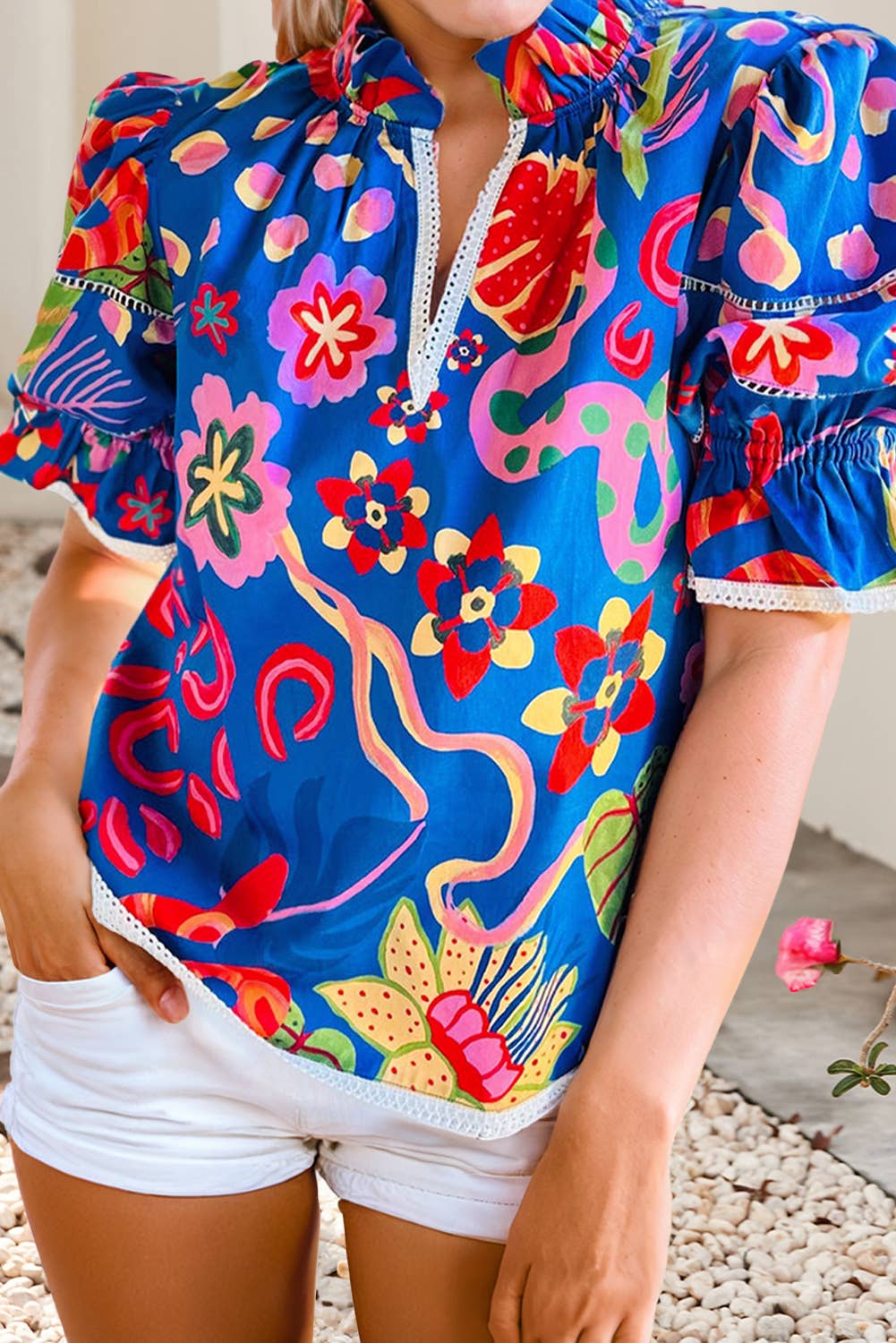 BLAST Frill V-neck Abstract Print Top