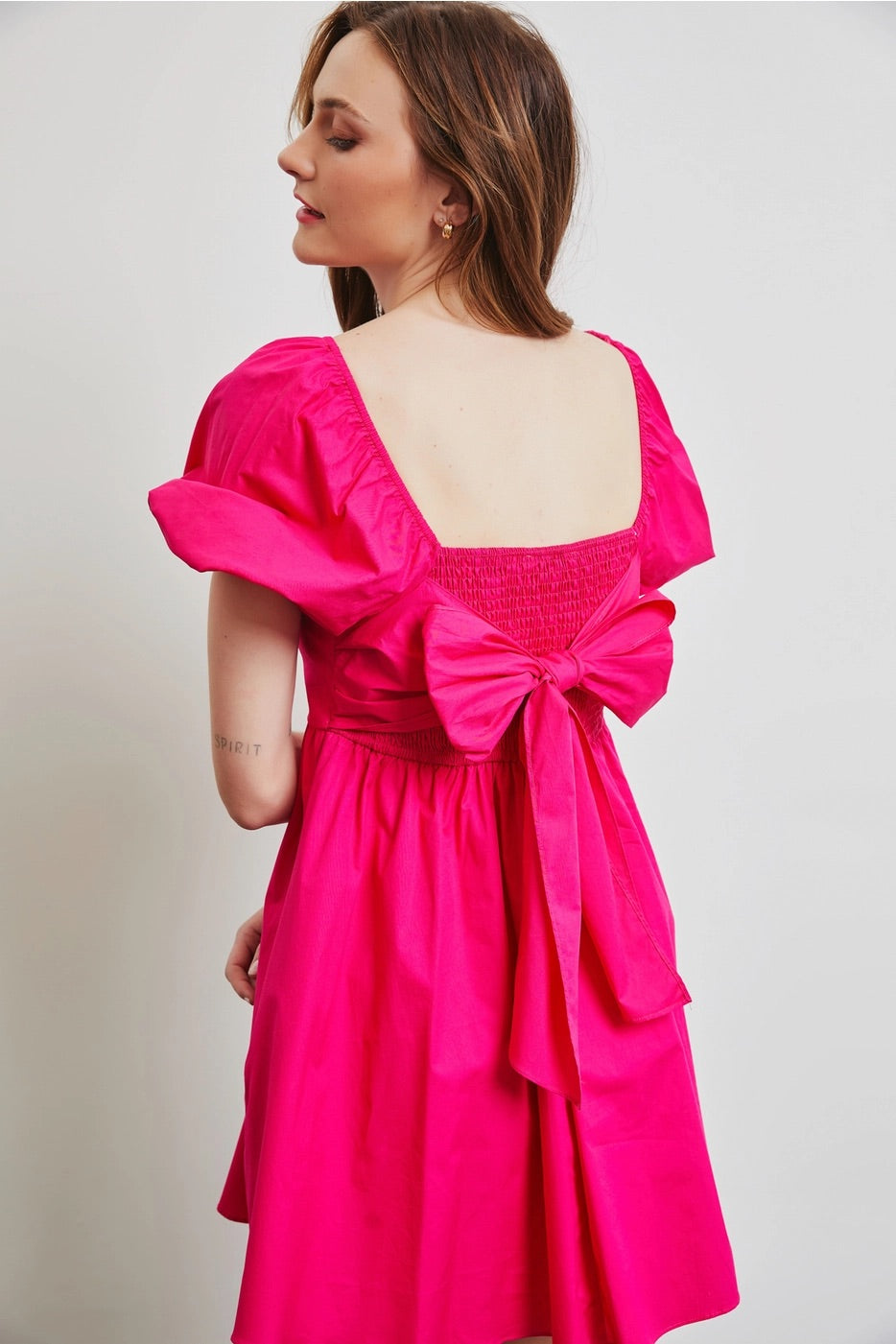 AURORA Puff Sleeve Bow Back Poplin Dress