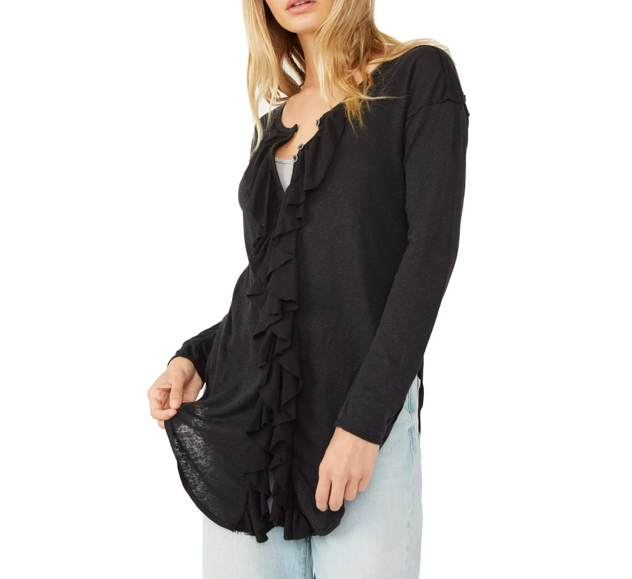 FREE PEOPLE Ruffle LOVE STAR ButtonFront LongSleeve Tunic Top