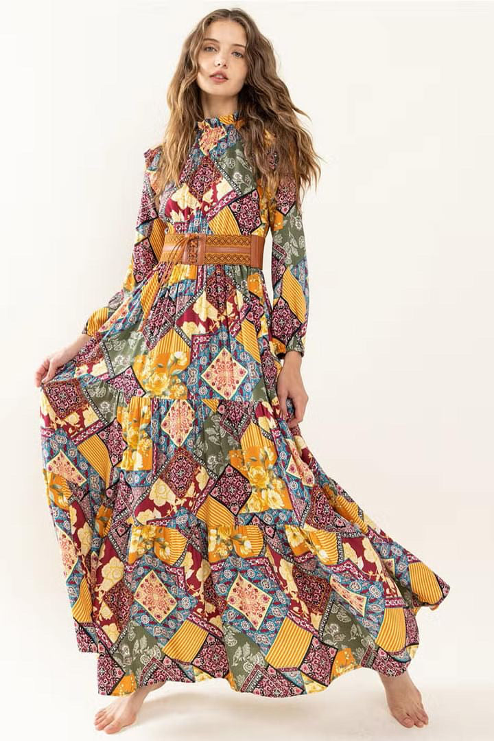 FLUENT Border Print Tiered Maxi Dress