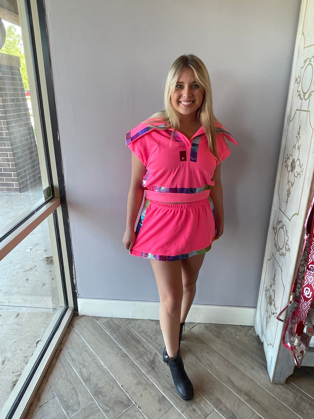 QUEEN OF SPARKLES Sequin RAINBOW Trim Collar Top