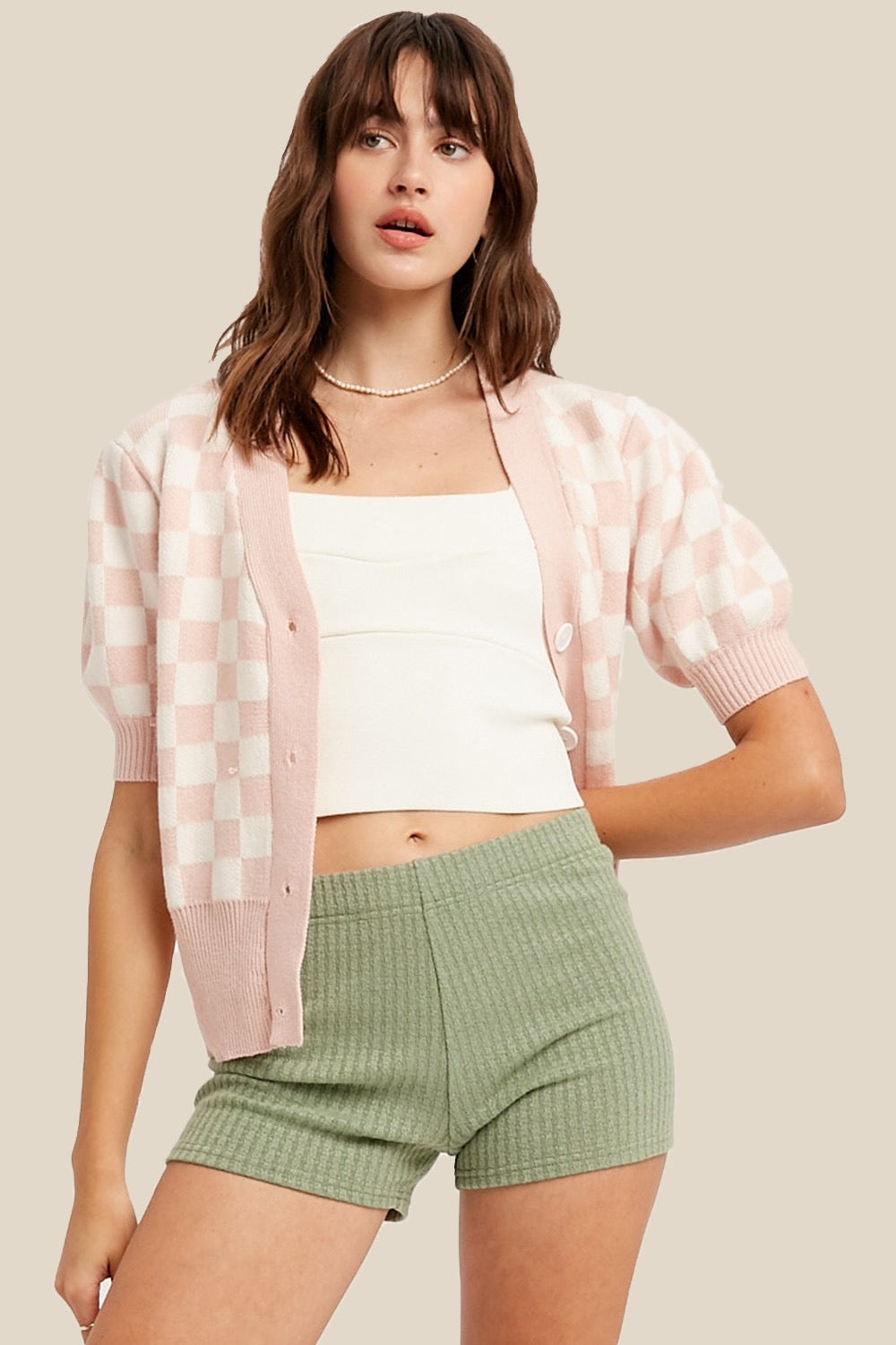 LOVEY Gingham Puff ShortSleeve Cardigan