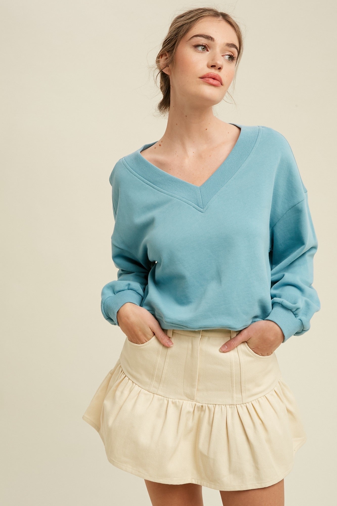 GENRE Denim Ruched Detail DropWaist Skirt