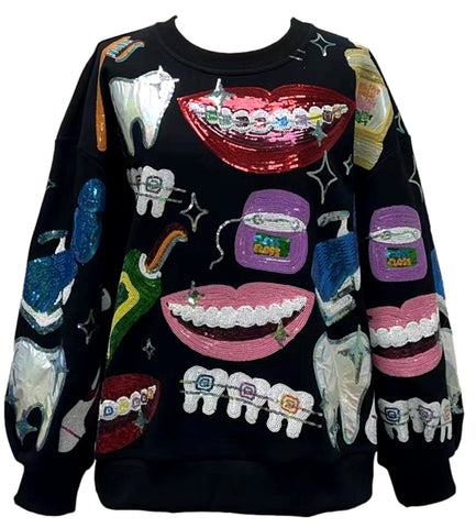 QUEEN OF SPARKLES Sequin DENTAL ICON Sweatshirt Top