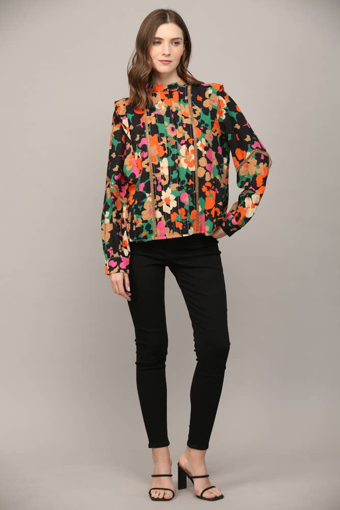 RIO Floral Tucked/Lace Insert Woven Blouse Top