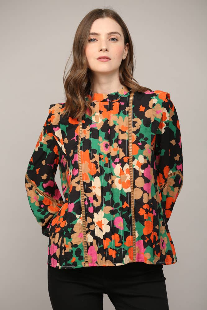 RIO Floral Tucked/Lace Insert Woven Blouse Top