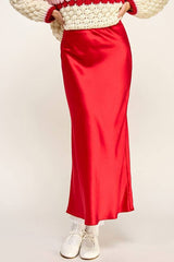 SATIN EFFECT MIDI SKIRT: Red / M