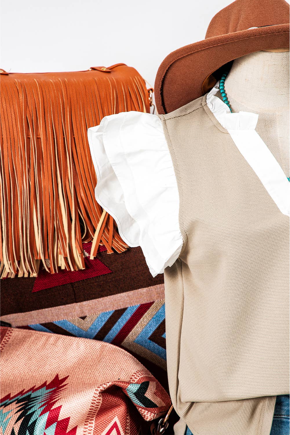 RECLINE Contrast V-Neck Ruffled Twofer Knit Top