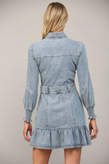 MERITT Belted Washed Denim LongSleeve Dress