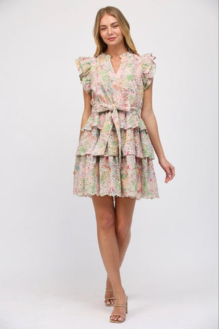 PEGASUS Floral Eyelet Lace Tiered TieWaist Dress