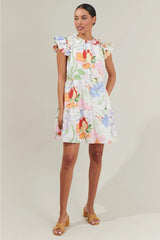 JULIET Floral RuffleNeck/PleatSleeve Poplin Dress