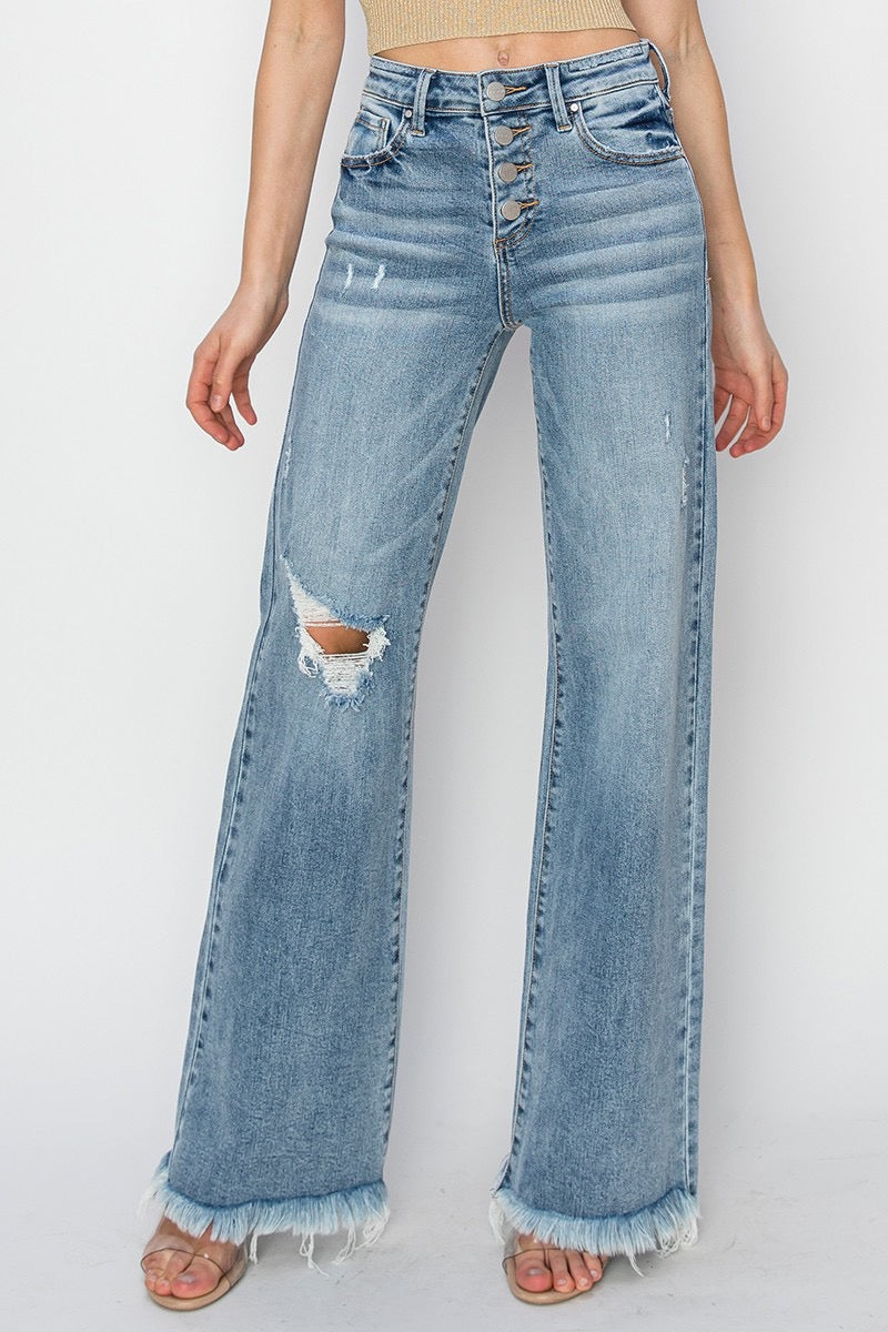 FINLEY MidRise ButtonDown Wideleg FrayHem Jean