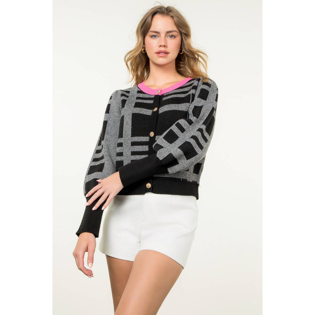 ISABELLA Knit Plaid Contrast Color Cardigan Top