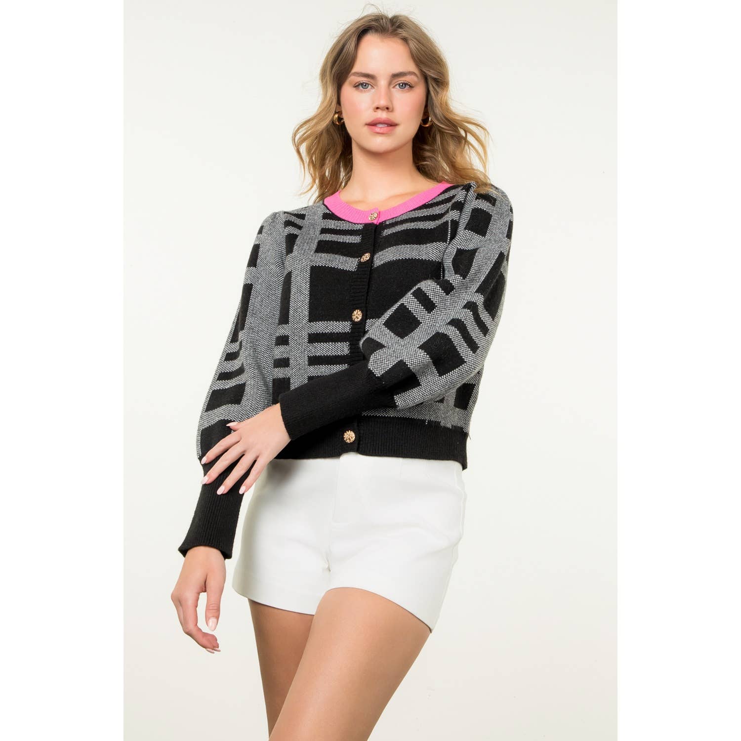 ISABELLA Knit Plaid Contrast Color Cardigan Top