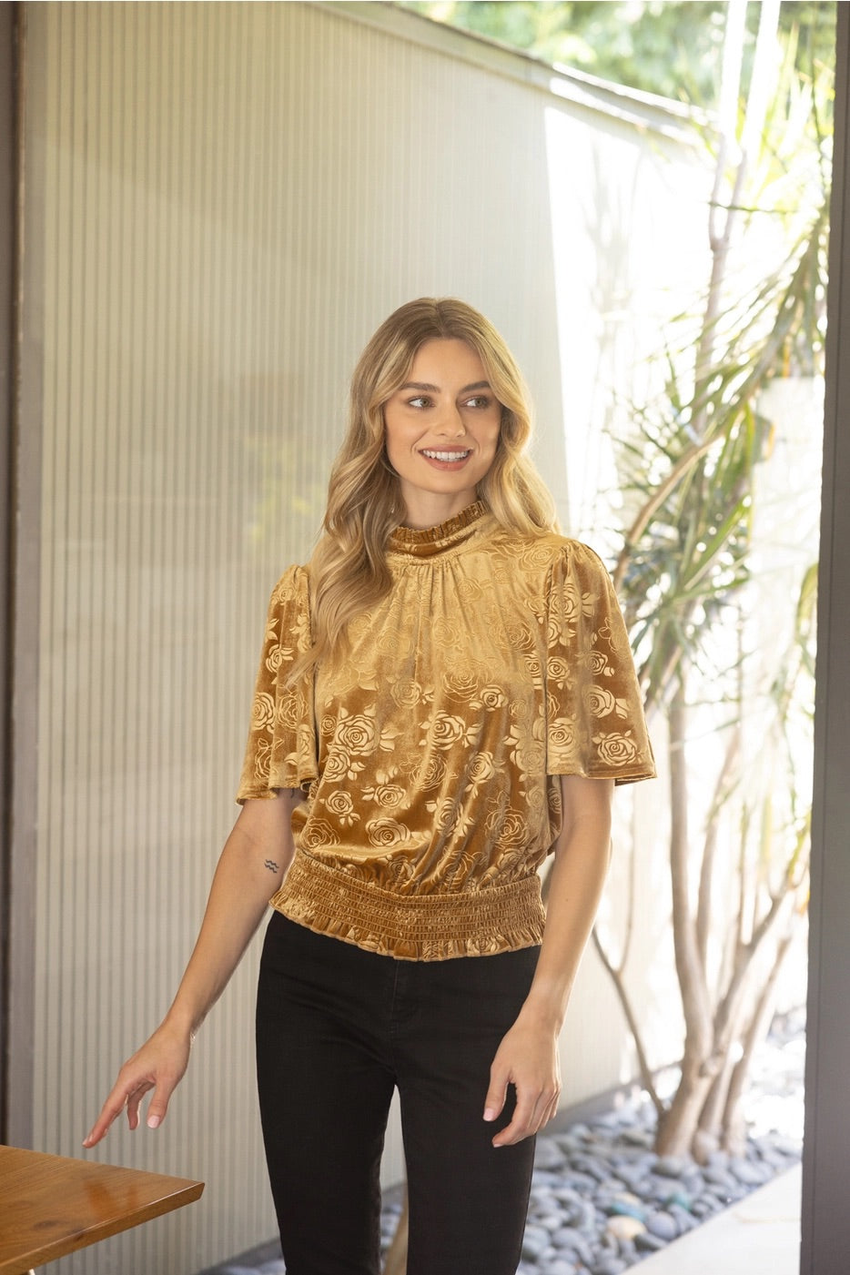 LISA Floral Pleated SmockWaist Velvet Top