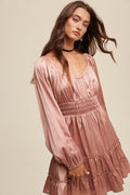 *FEELS Satin Sweat Heart Neck Long Sleeve Dress