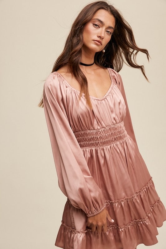 *FEELS Satin Sweat Heart Neck Long Sleeve Dress