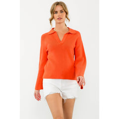 ALEXA Collared Rib Knit Long Sleeve Top