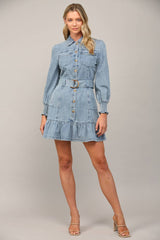 MERITT Belted Washed Denim LongSleeve Dress