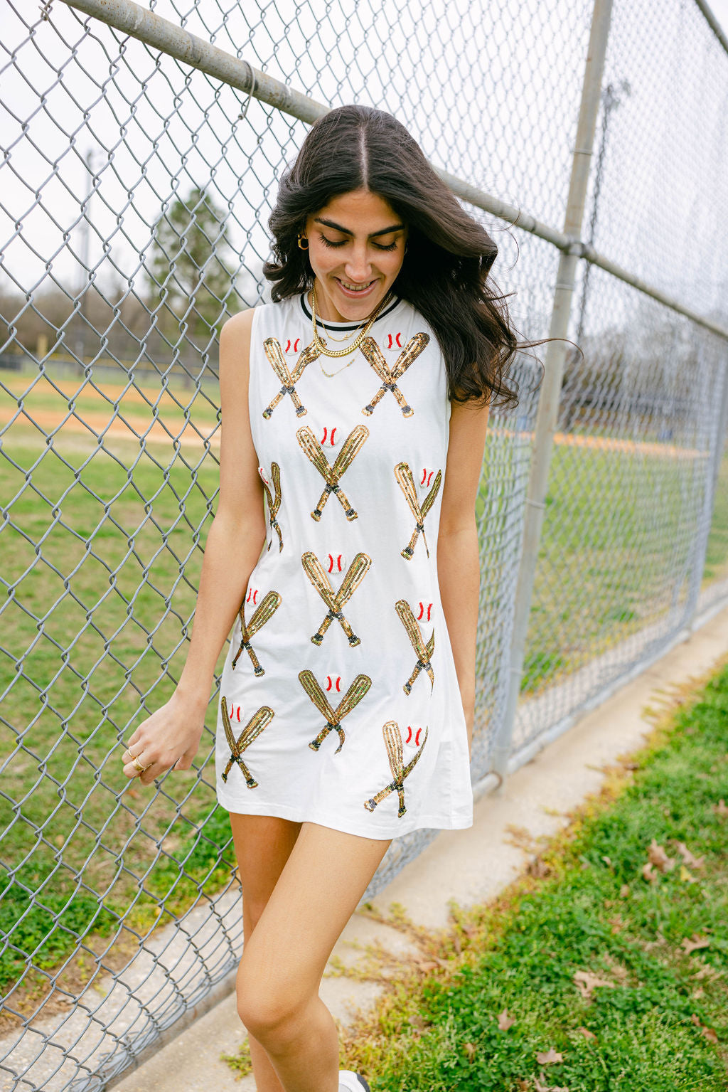 QUEEN OF SPARKLES Sequin SCATTERED BASEBALL BATS Tank Dress