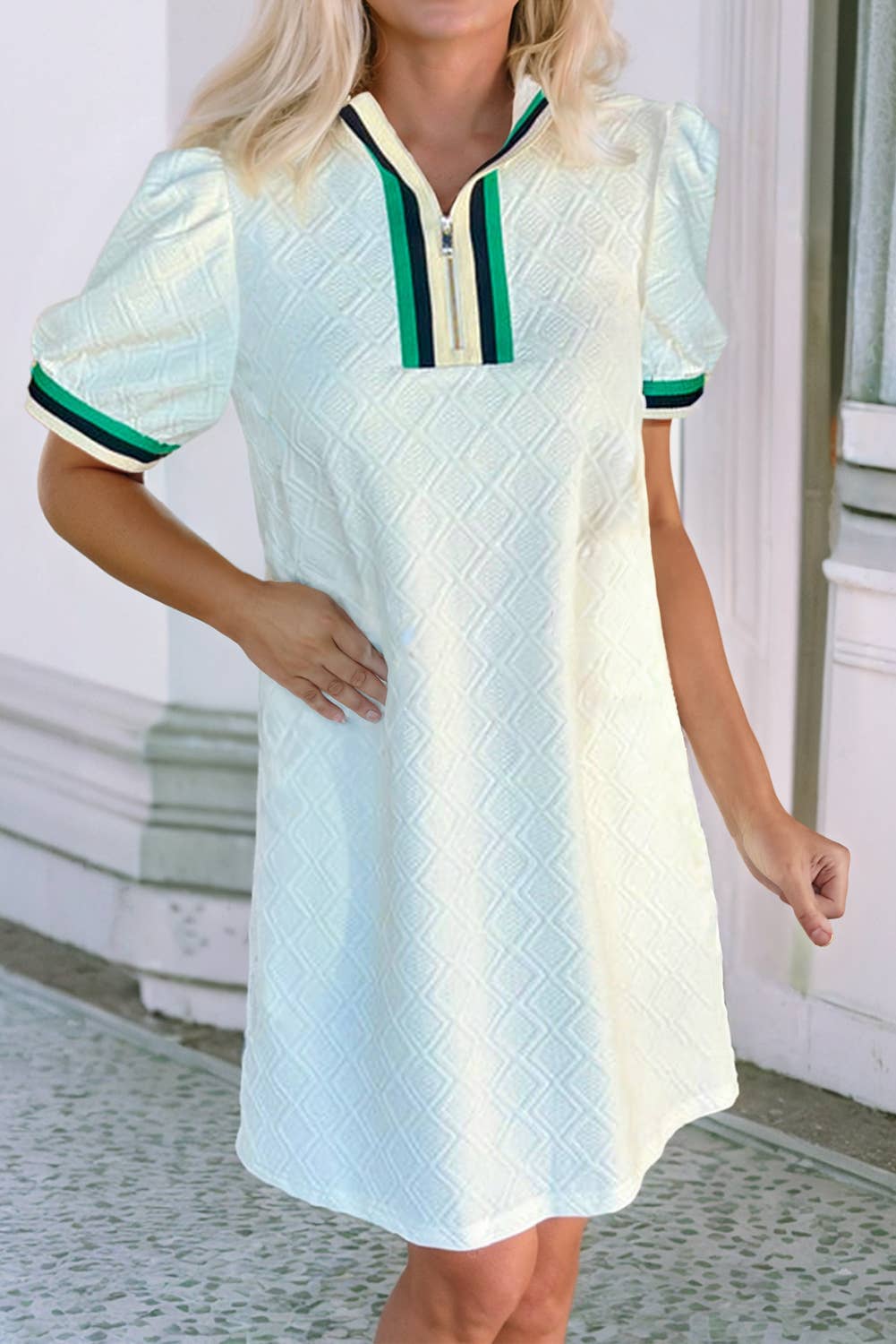 FINE DAY Jacquard Texture StripePlacket Short Sleeve Dress