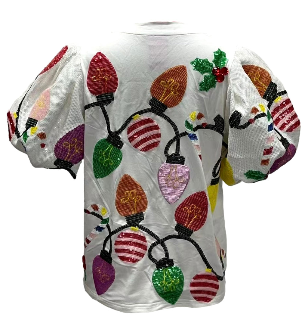 QUEEN OF SPARKLES Sequin CHRISTMAS LIGHTS PoofSleeve Tee Top