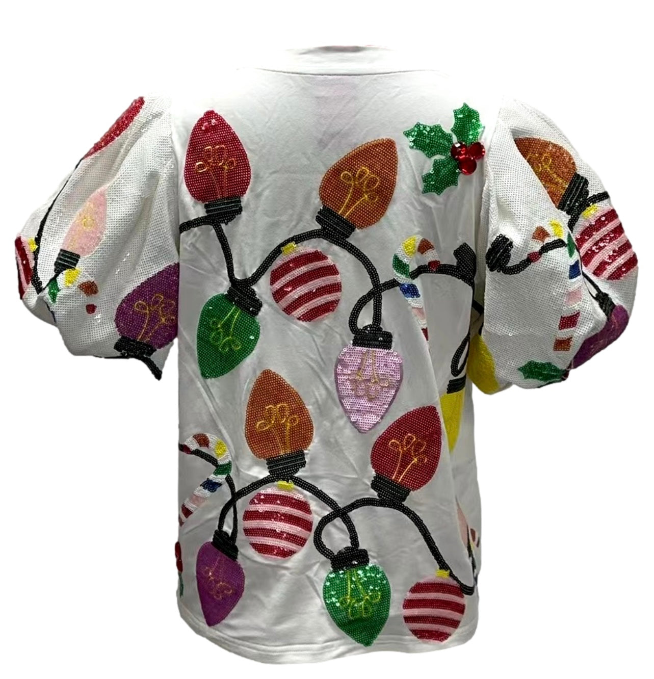 QUEEN OF SPARKLES Sequin CHRISTMAS LIGHTS PoofSleeve Tee Top