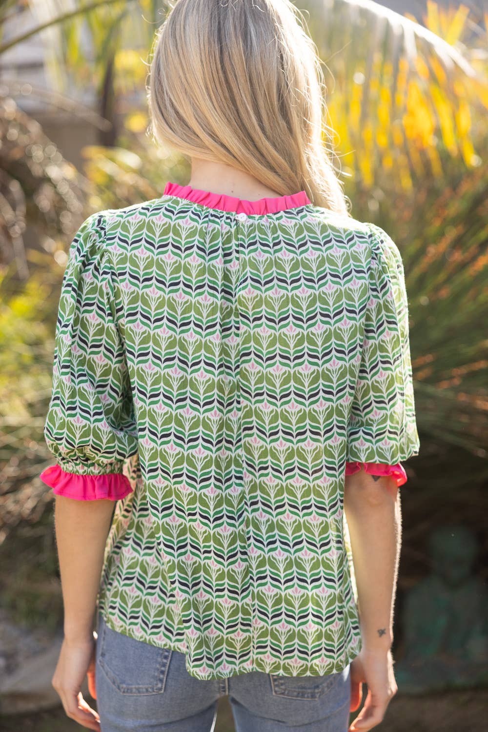 SENSATIONS Print Contrast Ruffle PuffSleeve Top