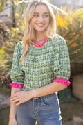 SENSATIONS Print Contrast Ruffle PuffSleeve Top