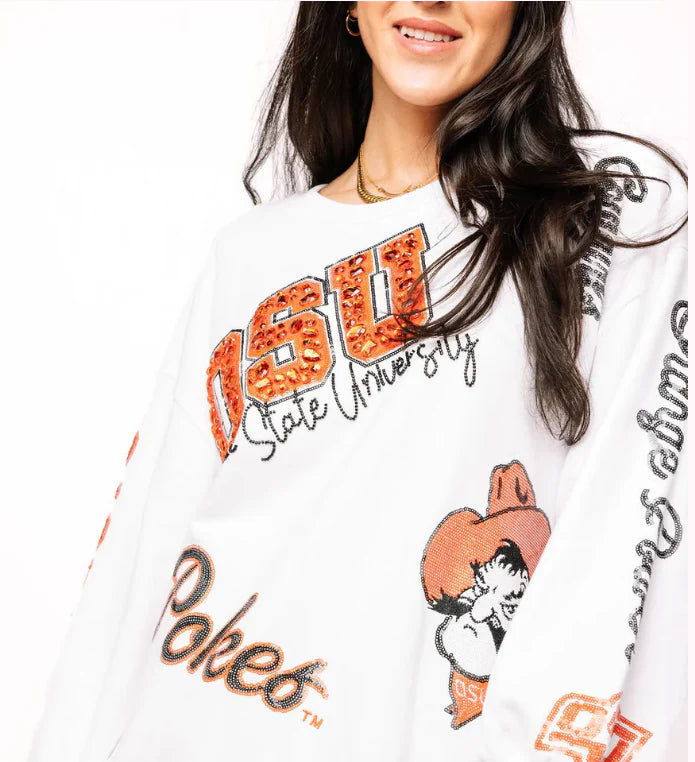 QUEEN OF SPARKLES Licensed OKLAHOMA STATE Big Icons Scattered AllOver SweatShirt