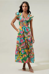 TROPICAL SUNFIRE Floral Smocked Bodice Tiered Midi Dress