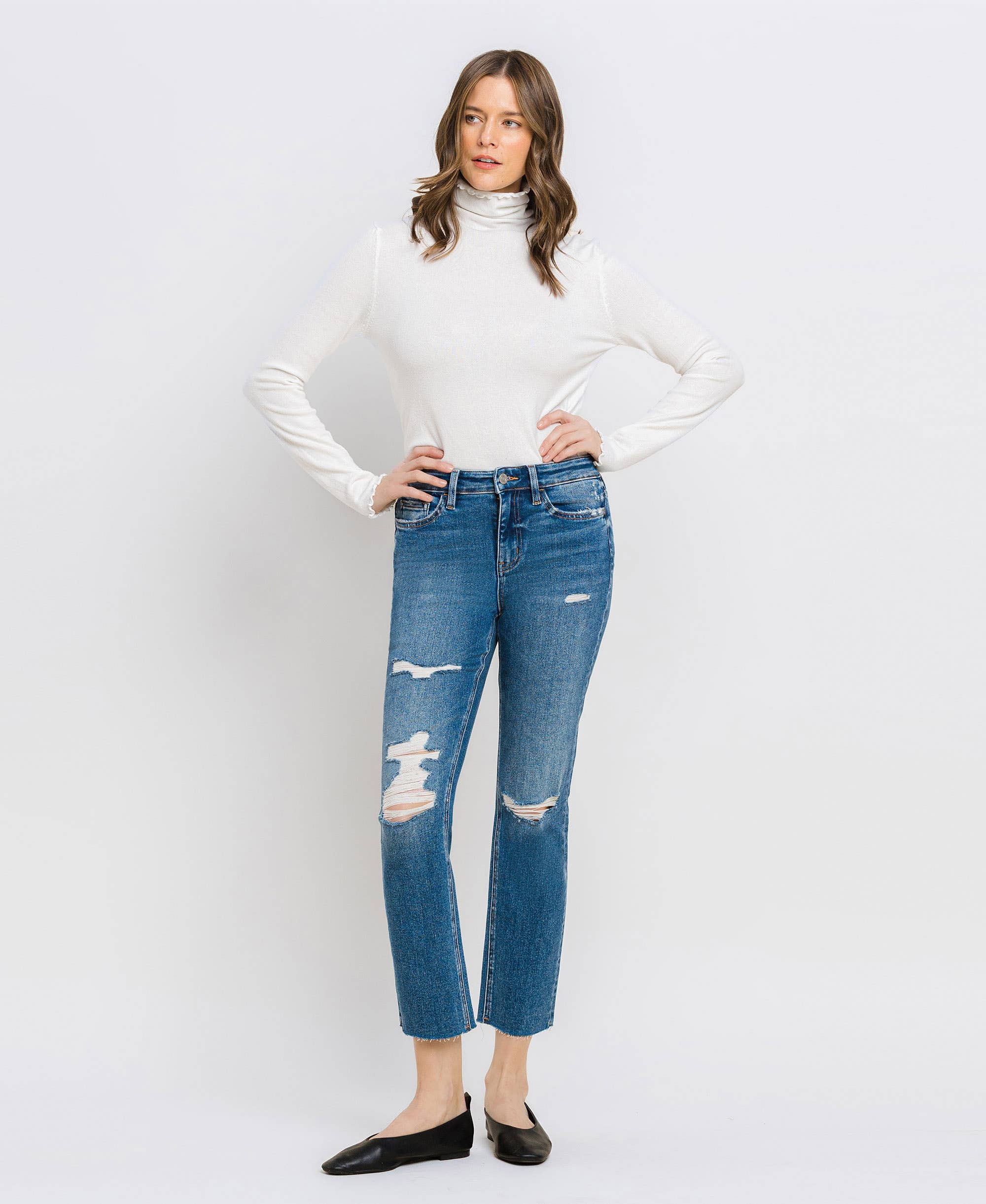 VERVET by Flying Monkey JEANNE HiRise Distressed Slim Straight Jean