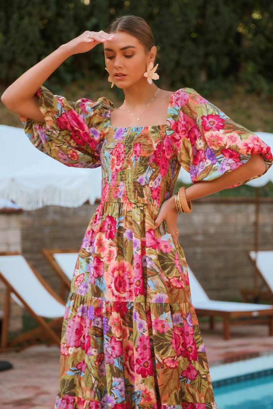 SCOPE Floral BubbleSleeve Smocked Maxi Dress