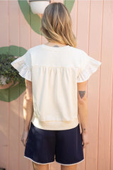 PANAM Contrast Ribbon Ruffle Sleeve French Terry Top