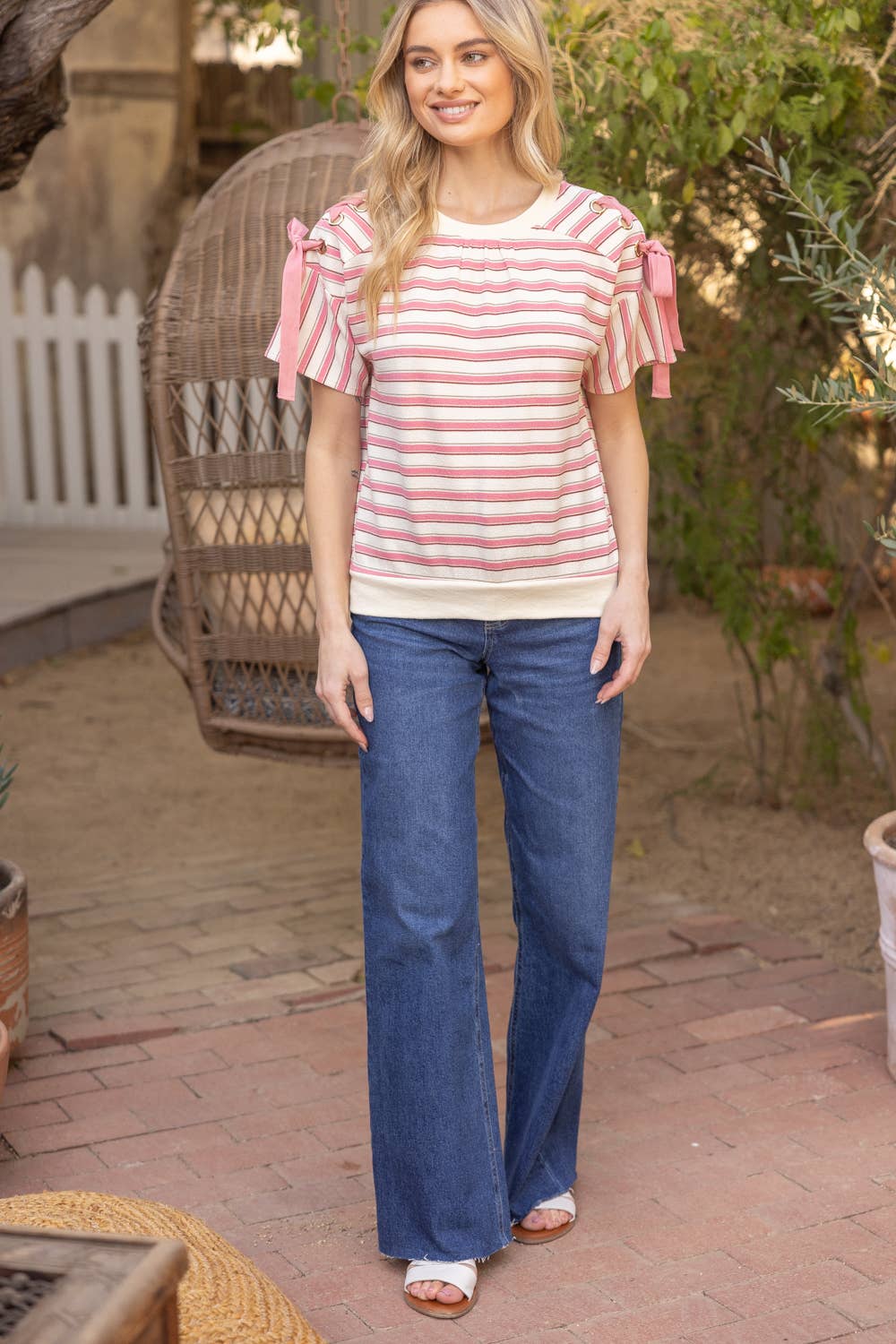 FRAME Stripe LaceUp Grommet Detail Knit Top