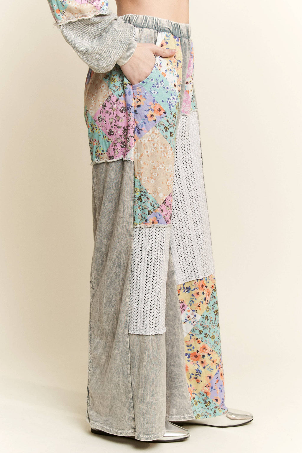 MERE Mineral Washed Floral WaveKnit Jacquard Patchwork Pants