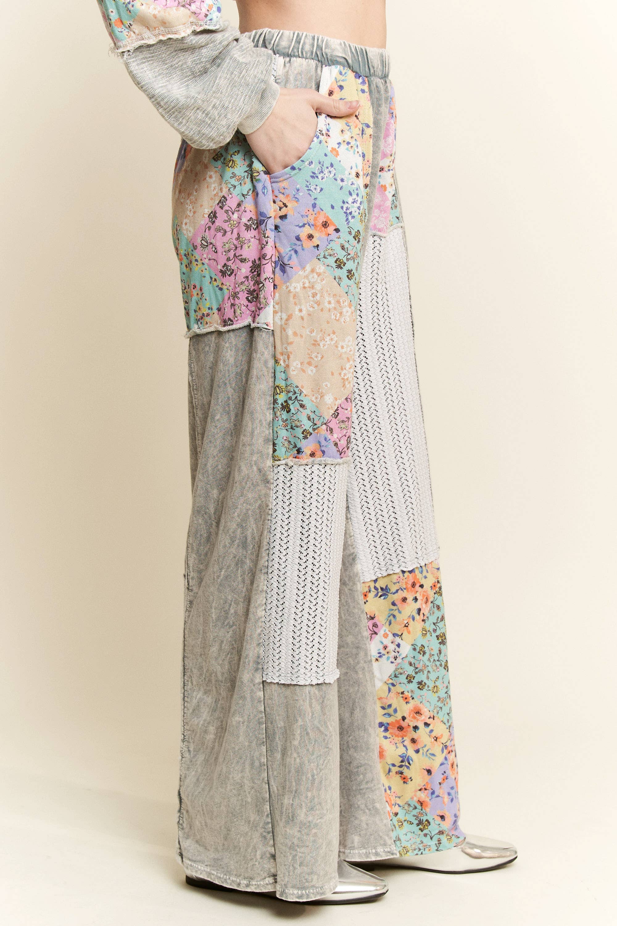 MERE Mineral Washed Floral WaveKnit Jacquard Patchwork Pants