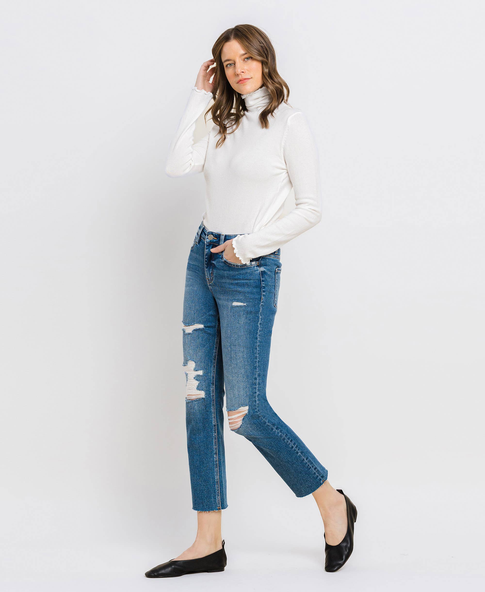 VERVET by Flying Monkey JEANNE HiRise Distressed Slim Straight Jean