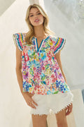 SPRING BLOOM Floral Border RffleSlv Top