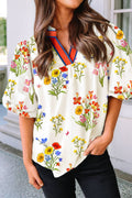 HEAT Floral V Neck Stripe Placket Top