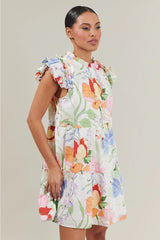 JULIET Floral RuffleNeck/PleatSleeve Poplin Dress