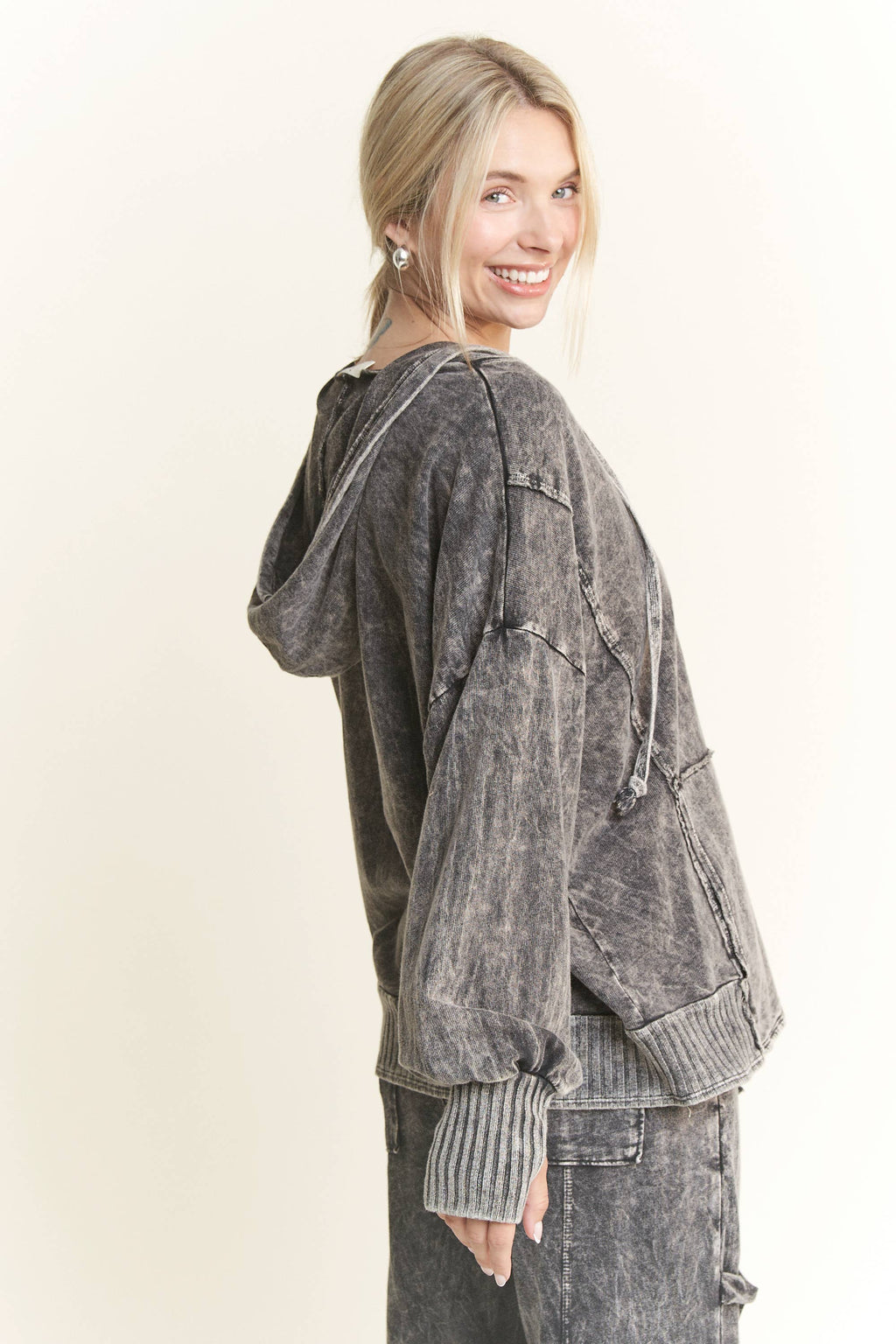 OATH MineralWash Vneck Hoodie Sweatshirt with Thumbholes Top