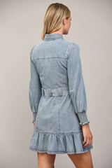 MERITT Belted Washed Denim LongSleeve Dress