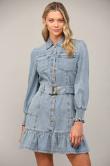 MERITT Belted Washed Denim LongSleeve Dress