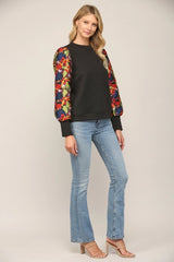 EXPIRE Quilted Contrast Floral Sleeve Top