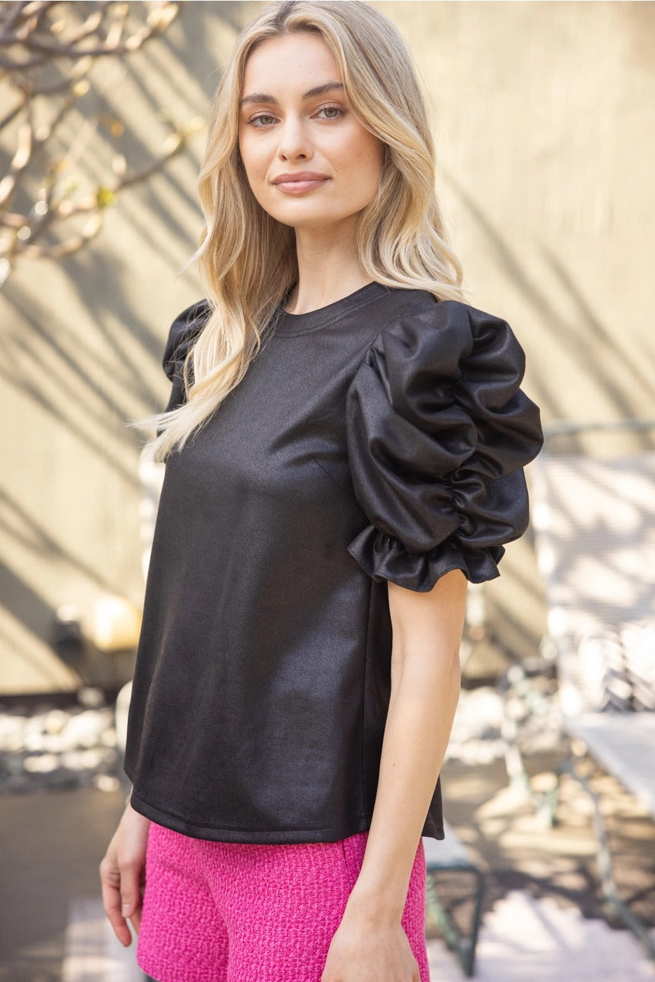 EXERT VeganLeather Ruched Sleeve Top