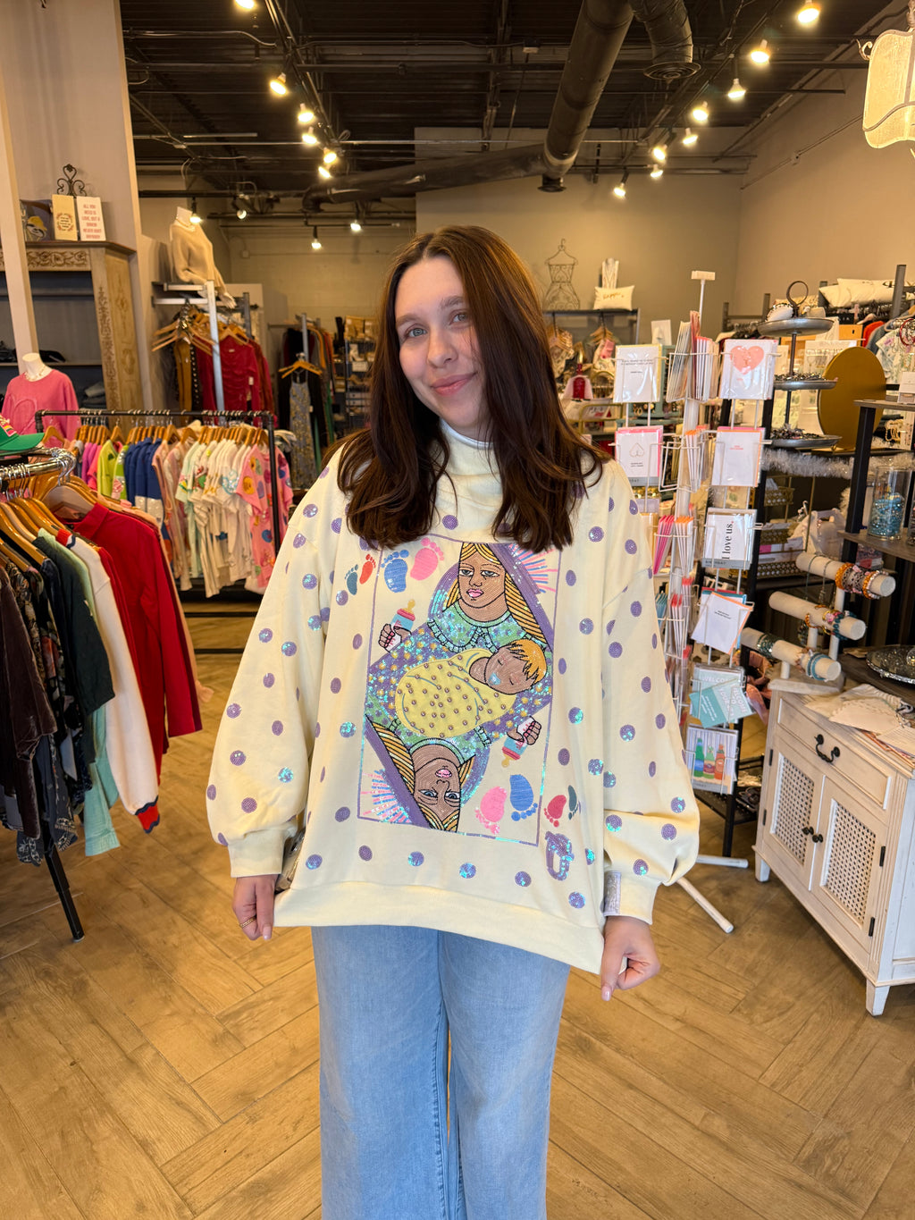 Queen of Sparkles Beige & Lavender Polka Dot Sparkle Logo Sweatshirt