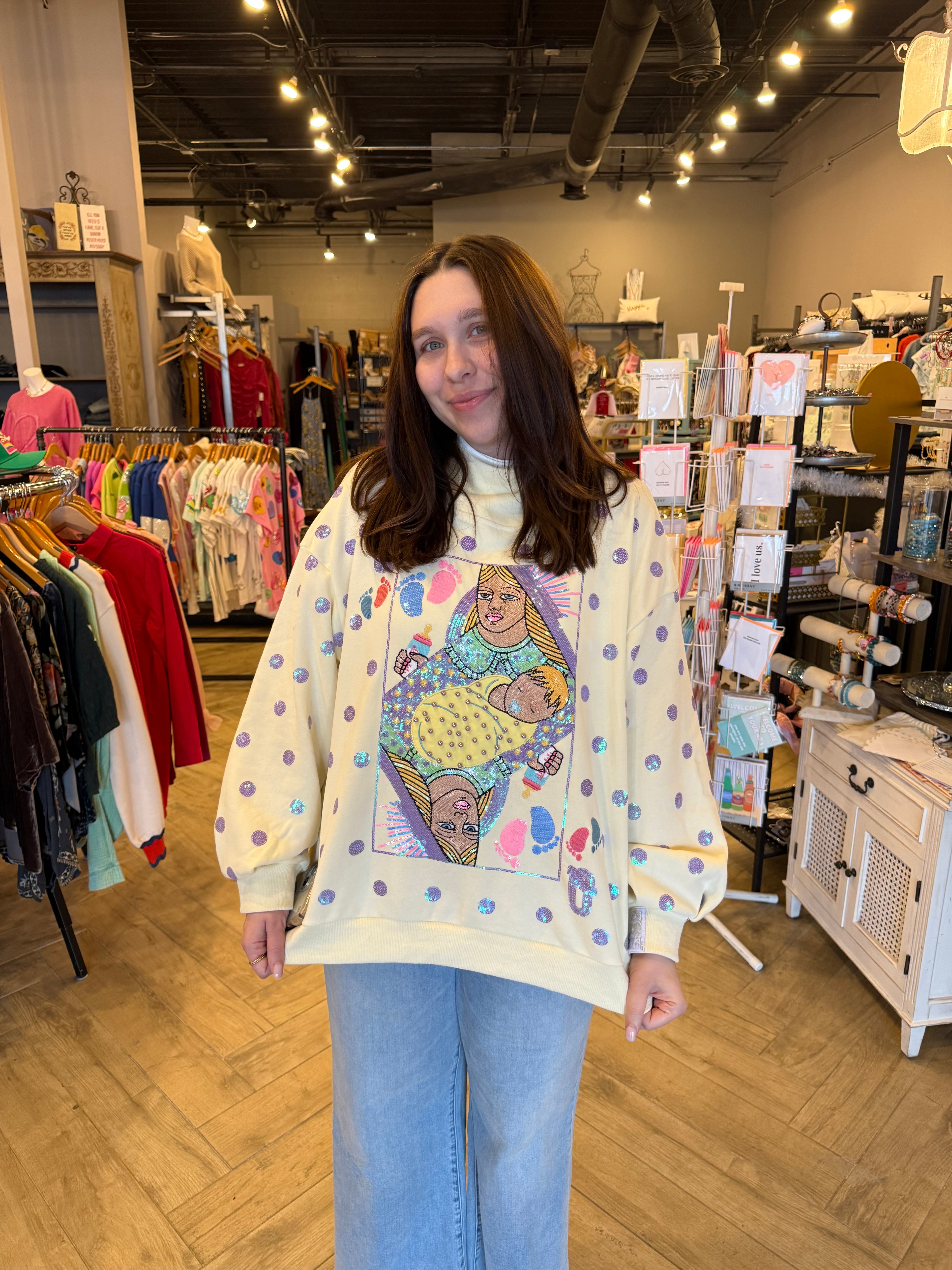 Queen of Sparkles Beige & Lavender Polka Dot Sparkle Logo Sweatshirt