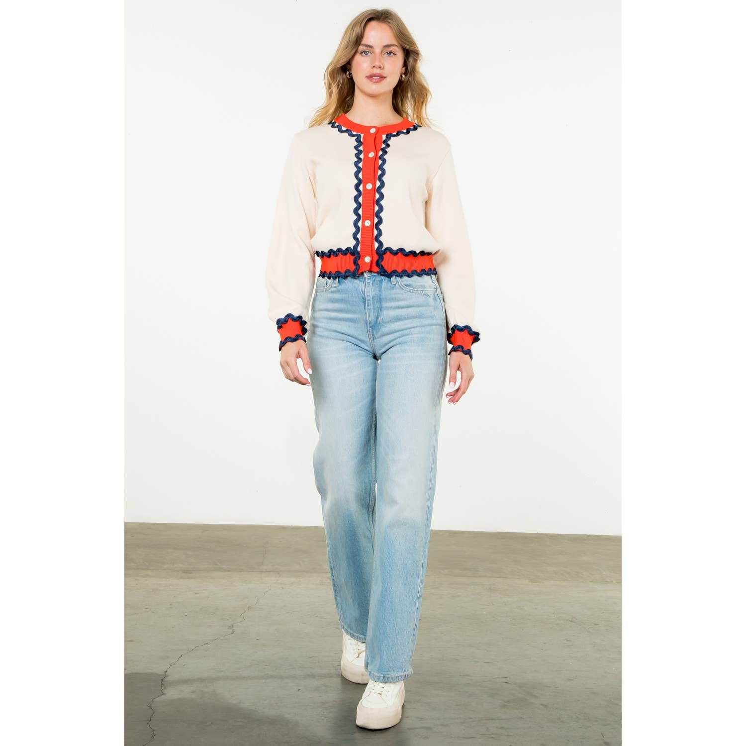 SHAI Ricrac Trim ButtonUp Knit Cardigan Top