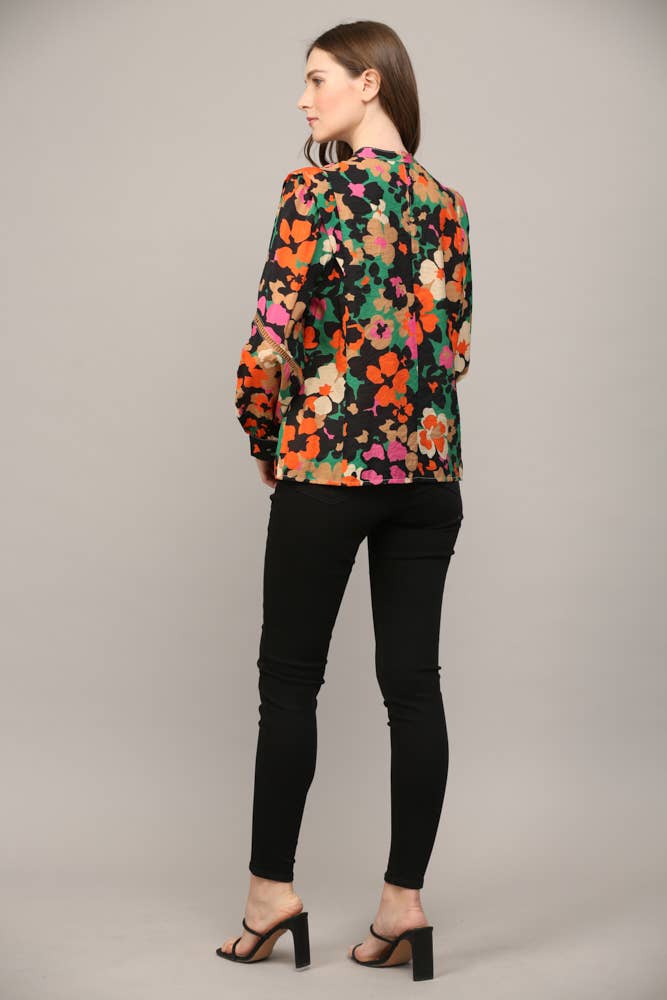 RIO Floral Tucked/Lace Insert Woven Blouse Top